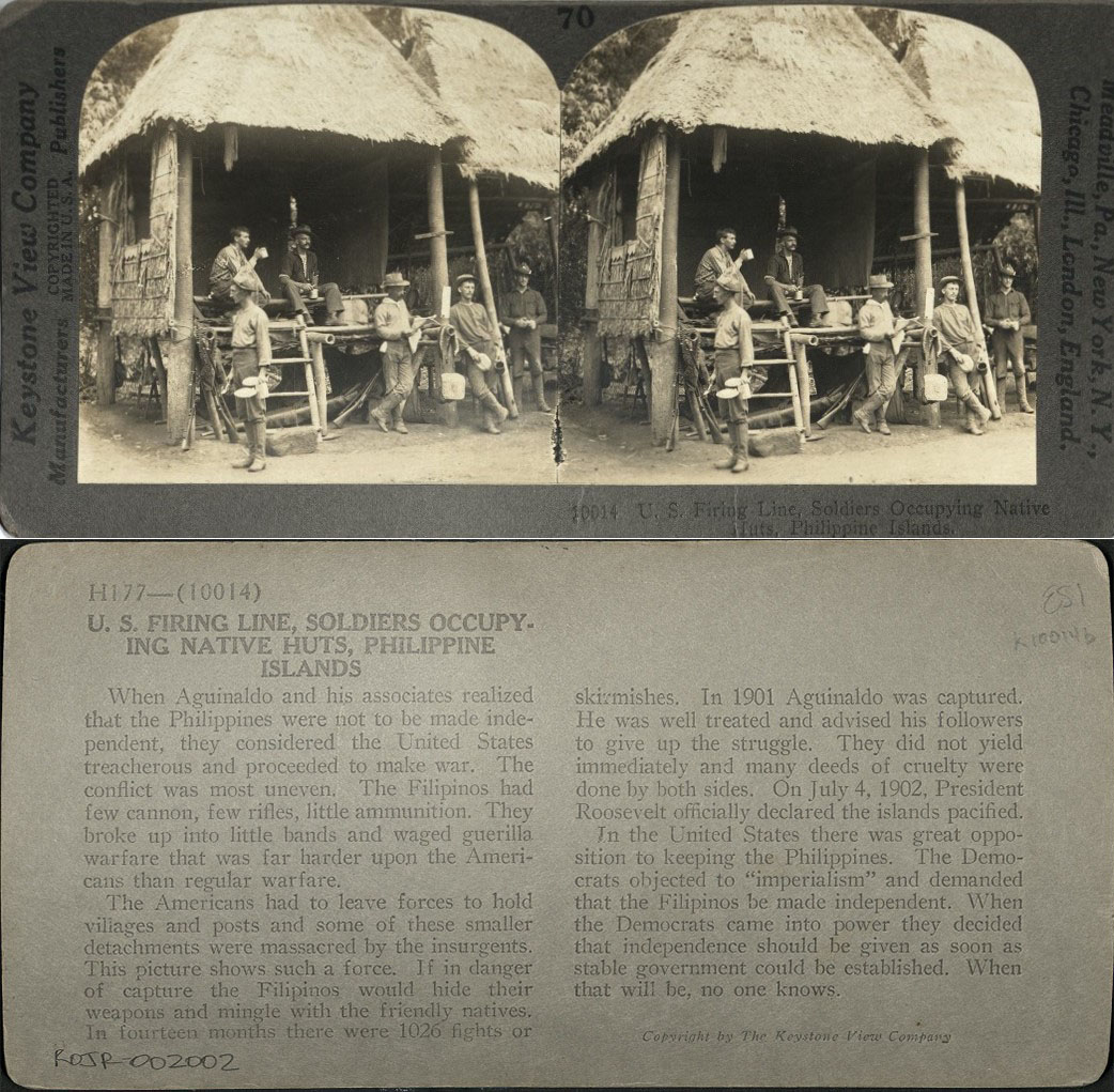 U. S. Firing Line, Soldiers Occupying Native Huts, Philippine Islands.